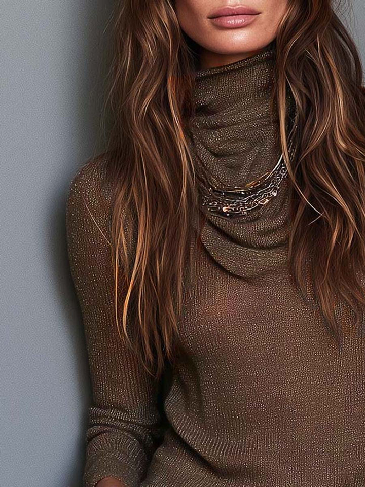 Top boho marrone in maglia leggera, con collo ad anello, maniche lunghe e vestibilità slim