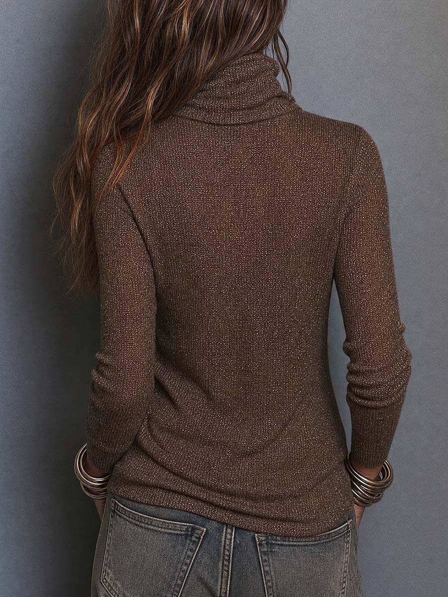 Top boho marrone in maglia leggera, con collo ad anello, maniche lunghe e vestibilità slim