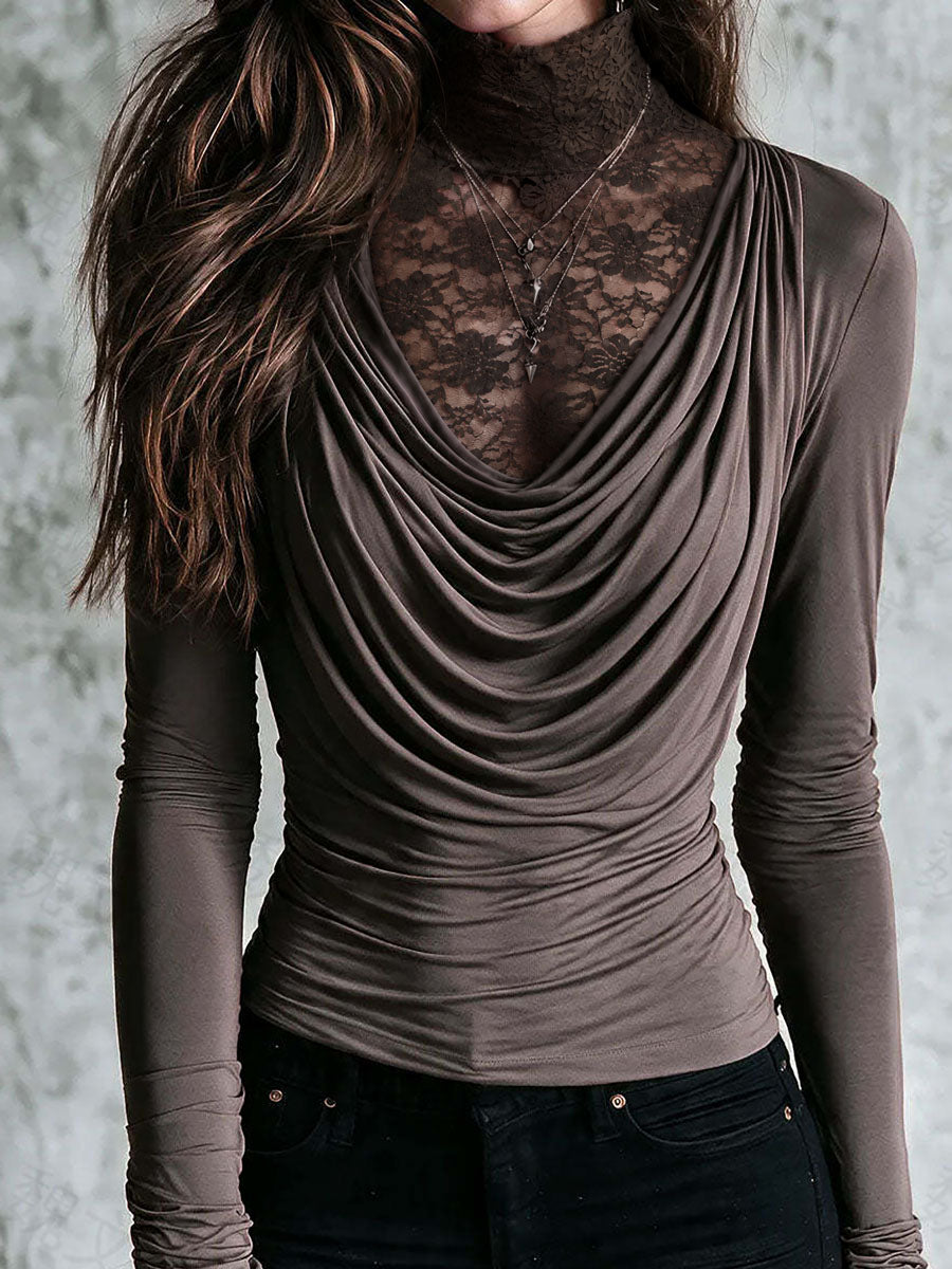Top a maniche lunghe due in uno boho color tortora, in pizzo, con collo alto e scollatura drappeggiata a cascata