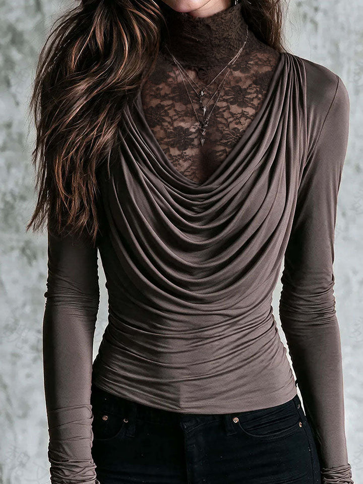 Top a maniche lunghe due in uno boho color tortora, in pizzo, con collo alto e scollatura drappeggiata a cascata