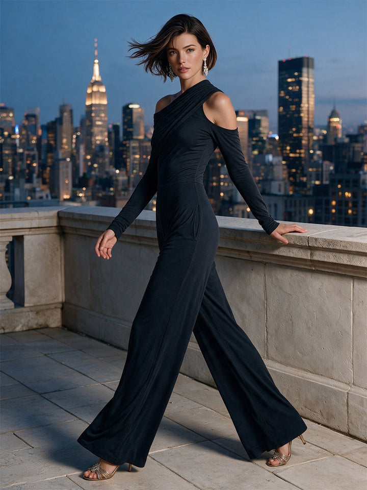 Raffaella | Tuta elegante nera monospalla con pantaloni a gamba larga