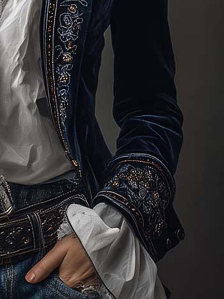 Giacca lunga vintage in velluto di poliestere blu navy ricamata