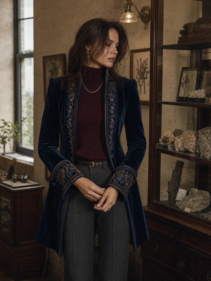 Giacca lunga vintage in velluto di poliestere blu navy ricamata