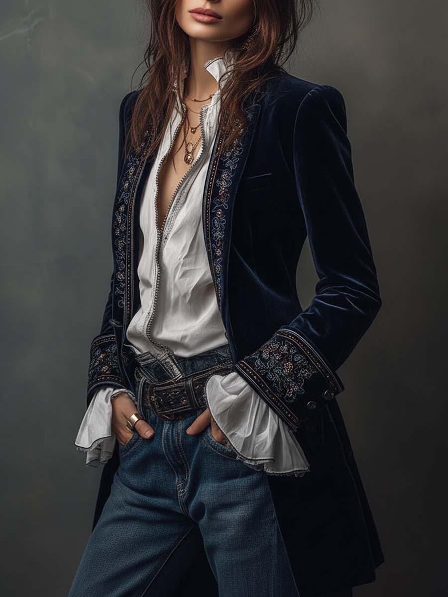 Giacca lunga vintage in velluto di poliestere blu navy ricamata