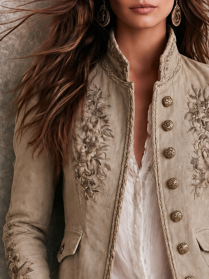 Giacca vintage beige con collo rialzato, ricami floreali e profilo intrecciato