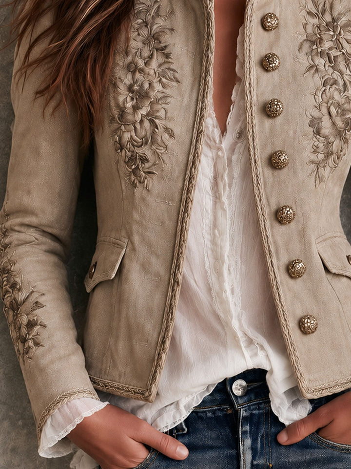 Giacca vintage beige con collo rialzato, ricami floreali e profilo intrecciato