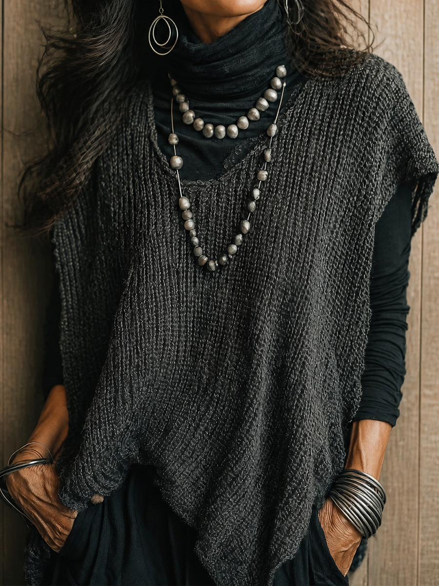 Pullover smanicato da donna in maglia di cotone, casual rétro, con scollo rotondo ZMZ1162H0ZJY