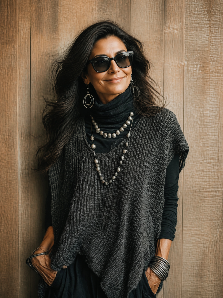 Pullover smanicato da donna in maglia di cotone, casual rétro, con scollo rotondo ZMZ1162H0ZJY