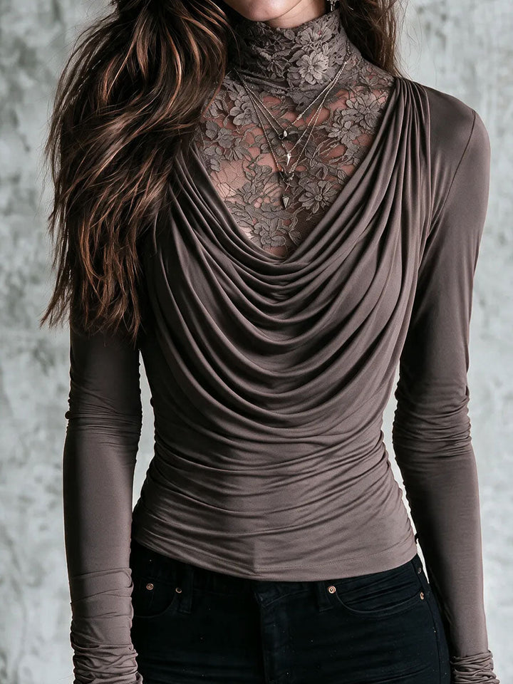 Top a maniche lunghe due in uno boho color tortora, in pizzo, con collo alto e scollatura drappeggiata a cascata