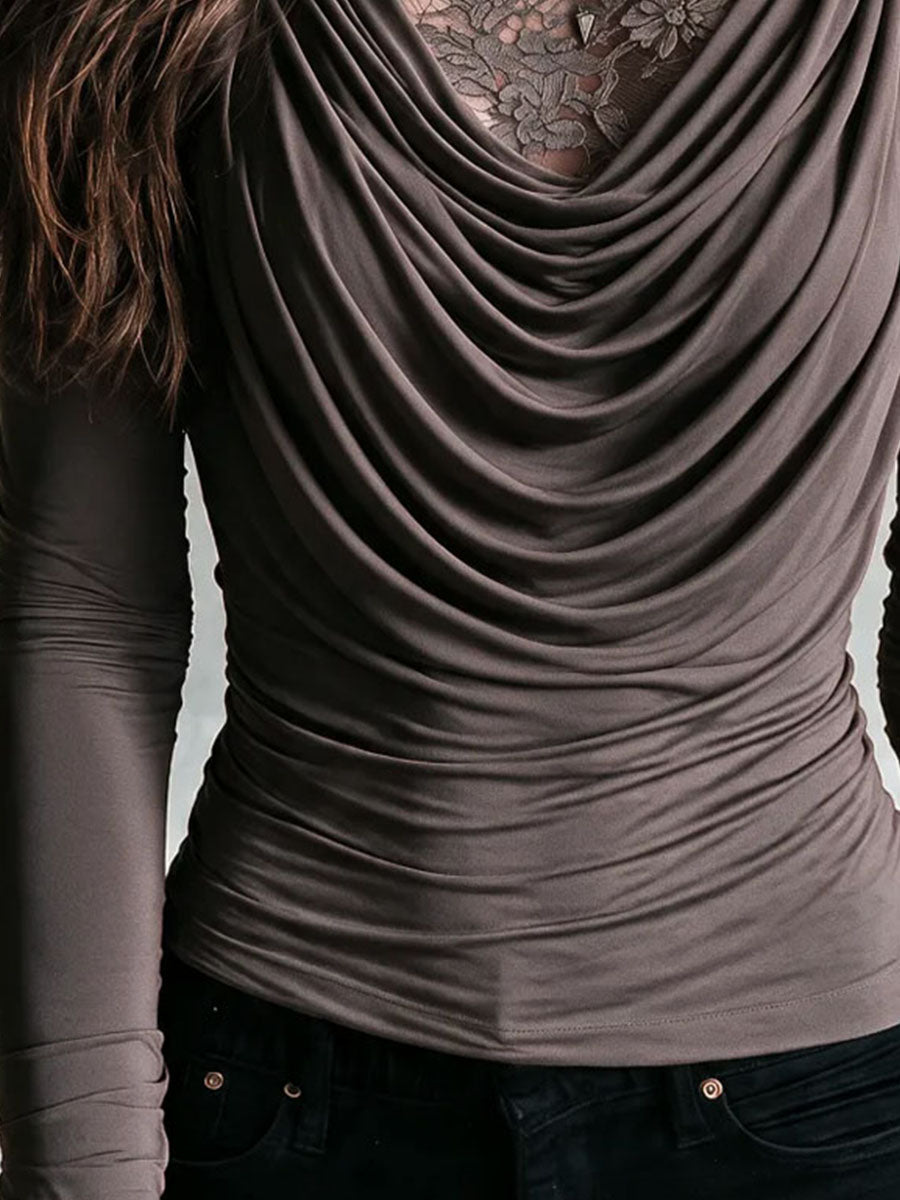 Top a maniche lunghe due in uno boho color tortora, in pizzo, con collo alto e scollatura drappeggiata a cascata