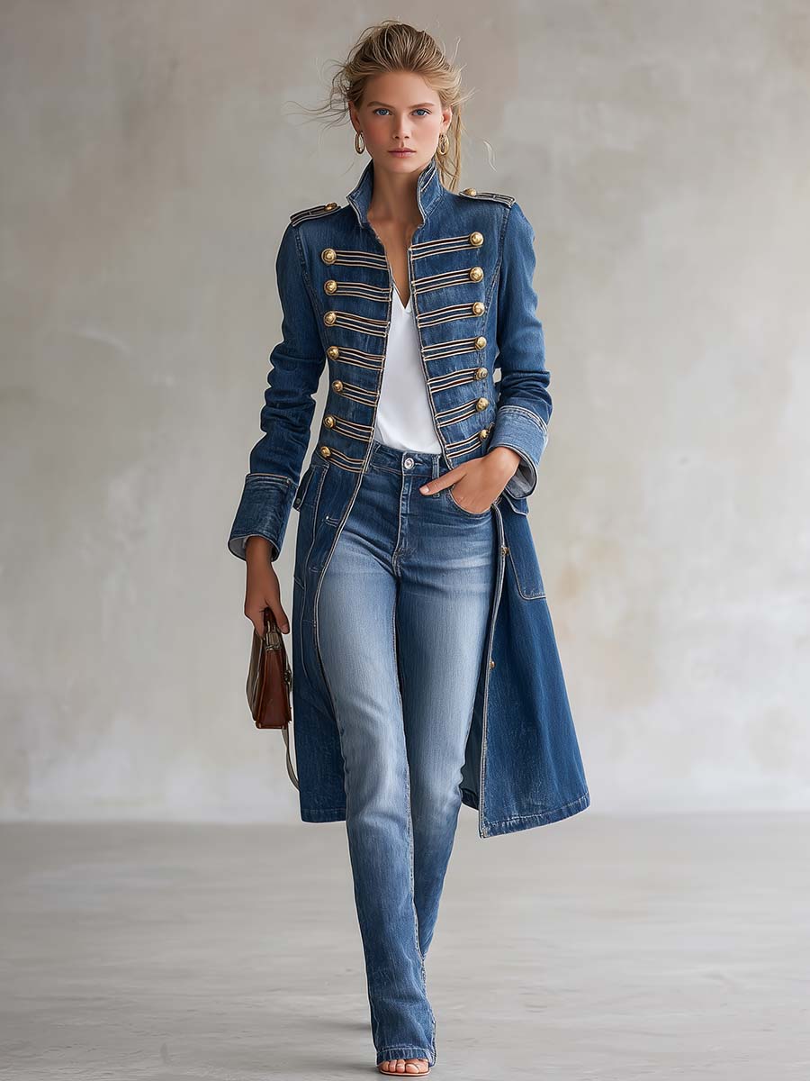 Giulia | Cappotto lungo in denim da donna, aderente, stile militare, con bottoni dorati