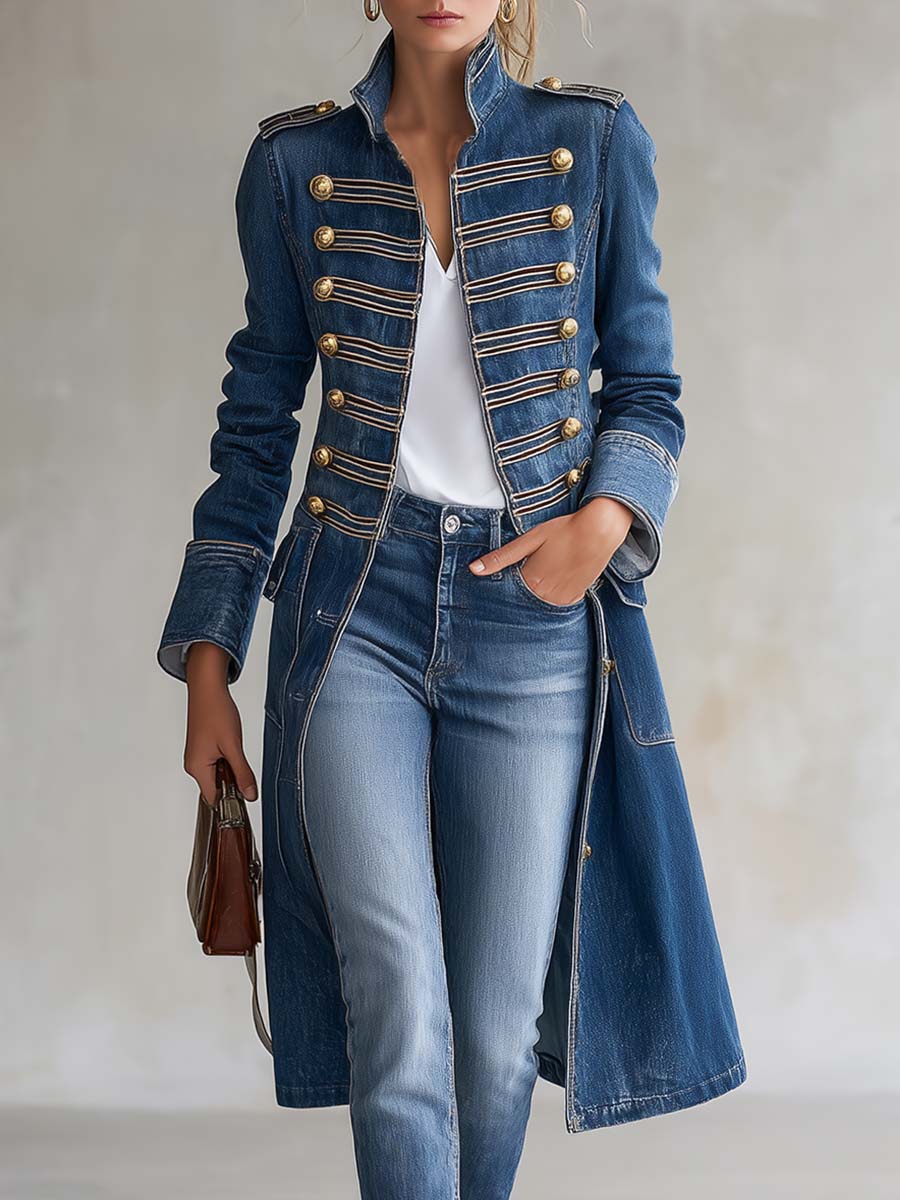 Giulia | Cappotto lungo in denim da donna, aderente, stile militare, con bottoni dorati