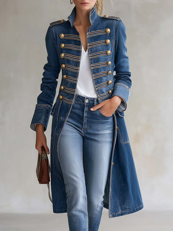 Giulia | Cappotto lungo in denim da donna, aderente, stile militare, con bottoni dorati