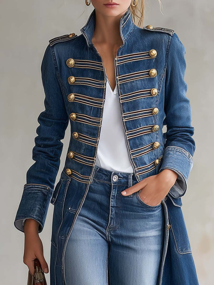 Giulia | Cappotto lungo in denim da donna, aderente, stile militare, con bottoni dorati
