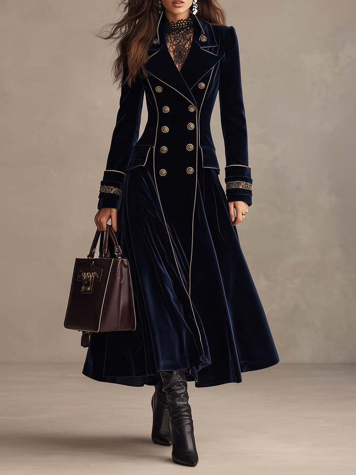 Elegante cappotto lungo doppiopetto in velluto blu navy con polsini ricamati e profili dorati