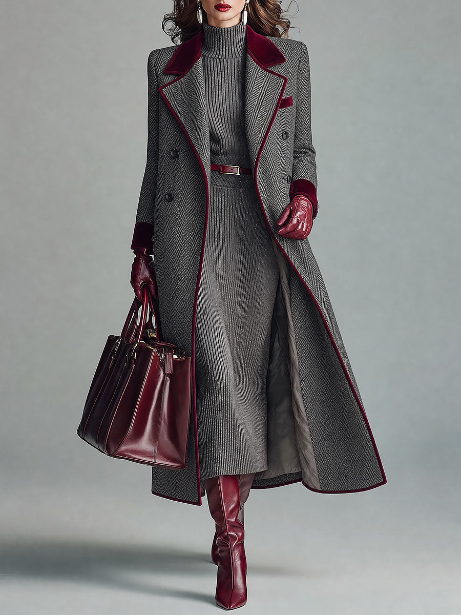 Elegante cappotto lungo in lana a spina di pesce con lussuose rifiniture in velluto