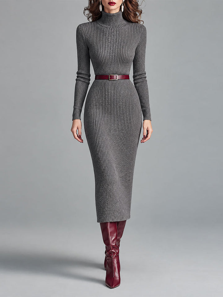Elegante abito midi aderente in maglia a coste con collo alto e cintura