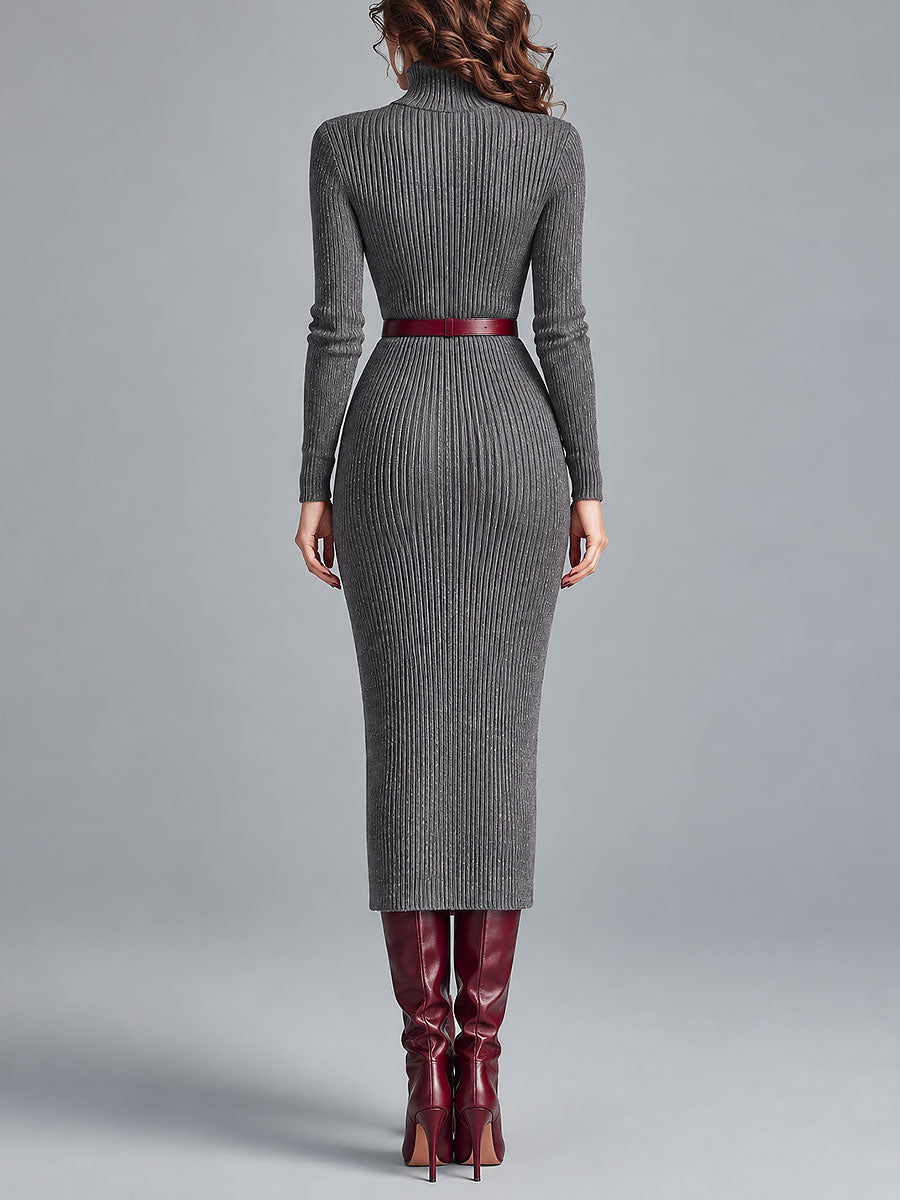 Elegante abito midi aderente in maglia a coste con collo alto e cintura