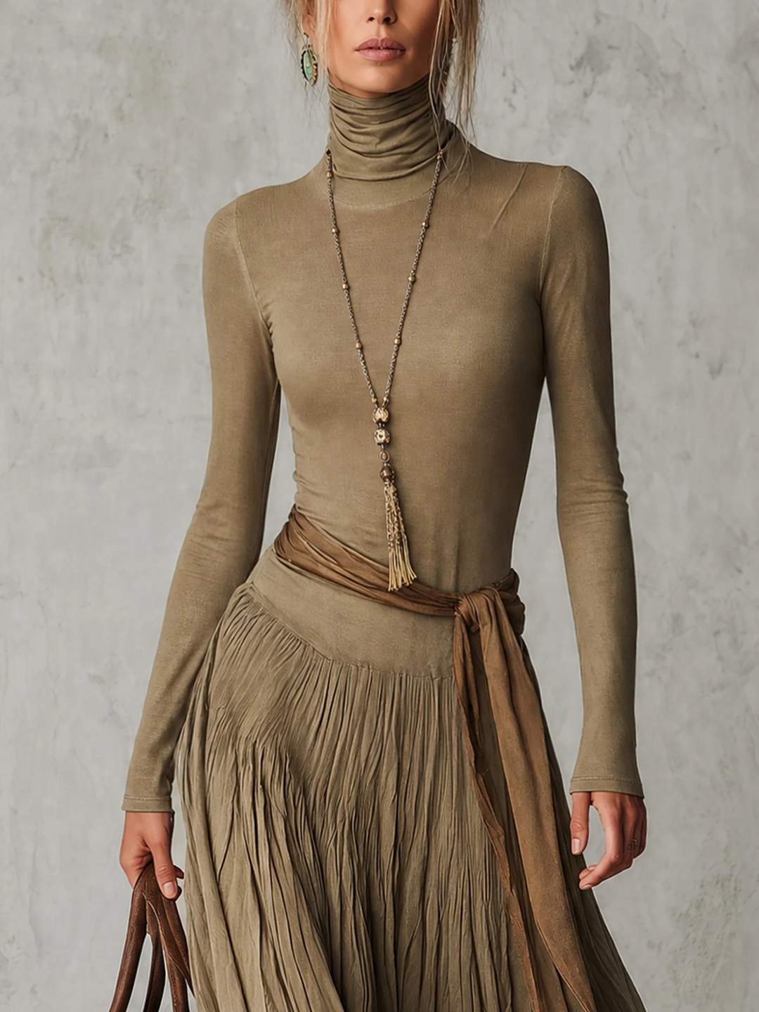 Júlia - Elegante abito maxi plissettato a collo alto e maniche lunghe con fiocco in vita