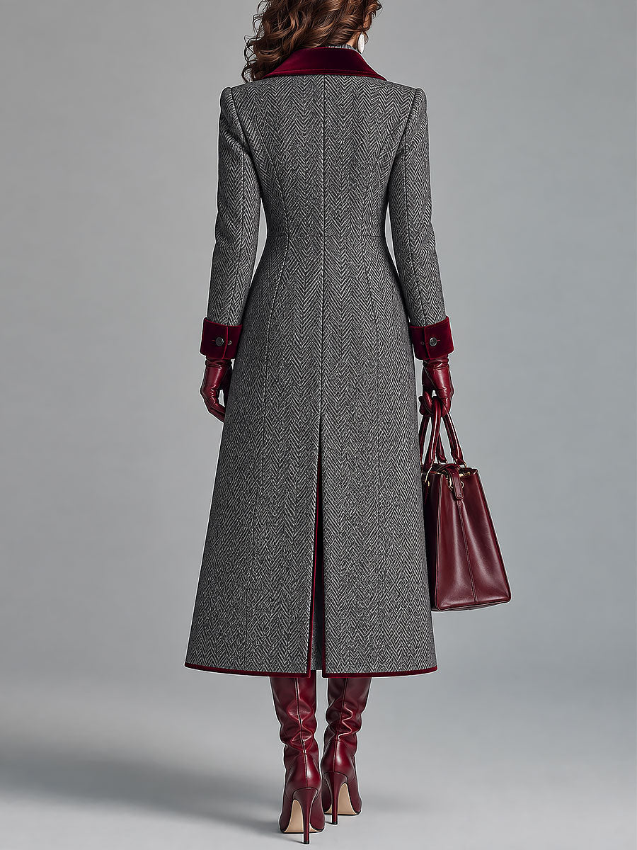 Elegante cappotto lungo in lana a spina di pesce con lussuose rifiniture in velluto