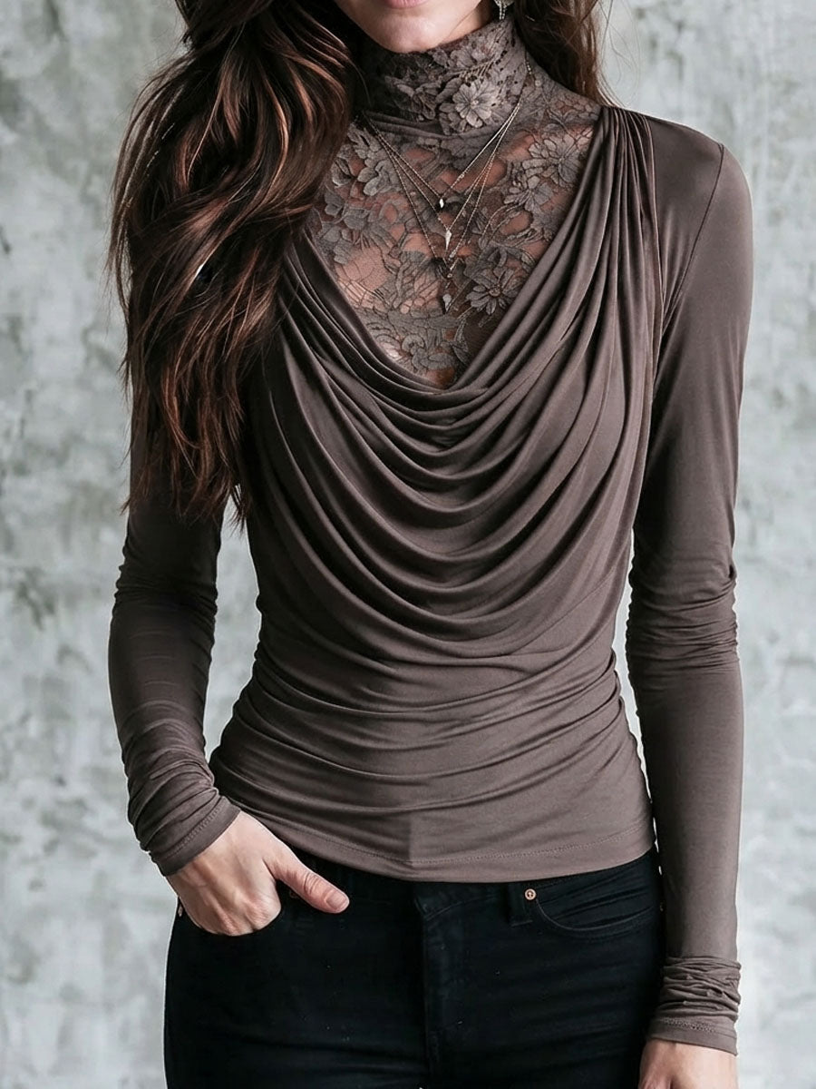 Top a maniche lunghe due in uno boho color tortora, in pizzo, con collo alto e scollatura drappeggiata a cascata