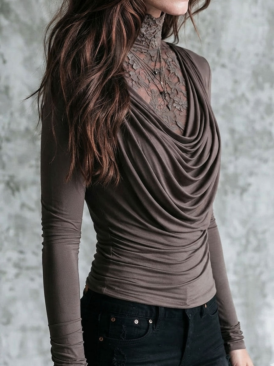 Top a maniche lunghe due in uno boho color tortora, in pizzo, con collo alto e scollatura drappeggiata a cascata