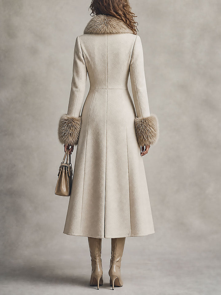 Cappotto doppiopetto in misto lana dal lusso discreto, con collo rifinito in pelliccia e taglio in vita che valorizza la silhouette