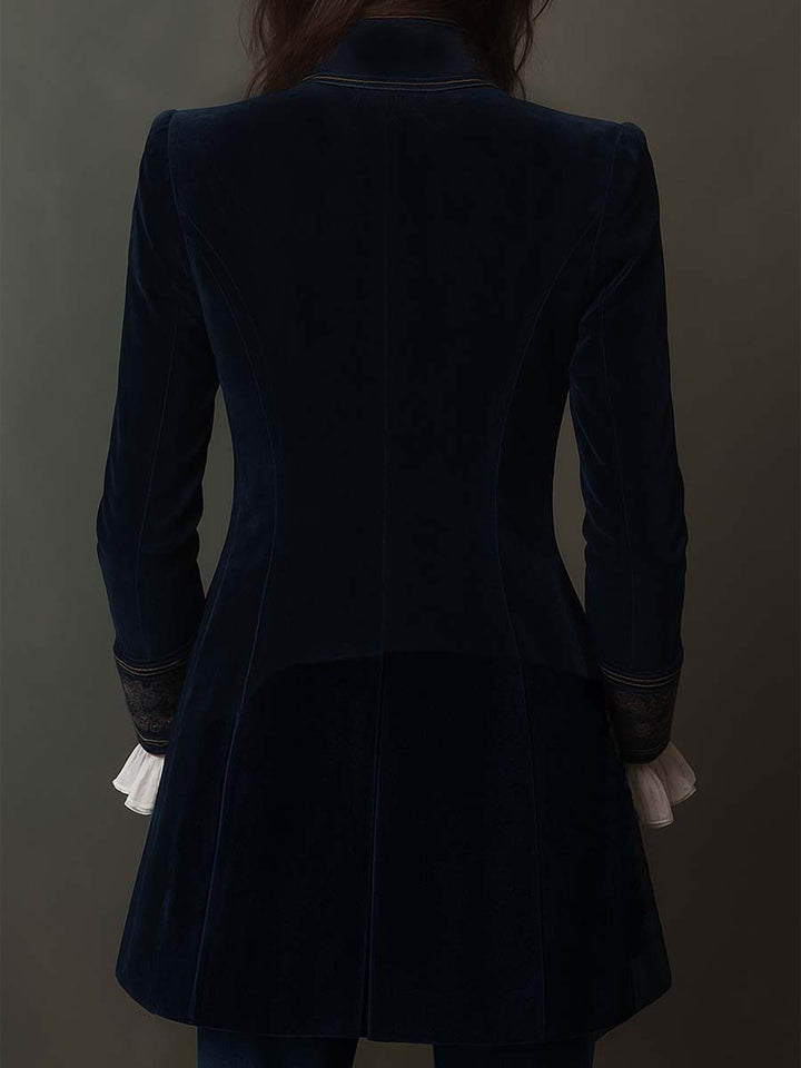 Giacca lunga vintage in velluto di poliestere blu navy ricamata