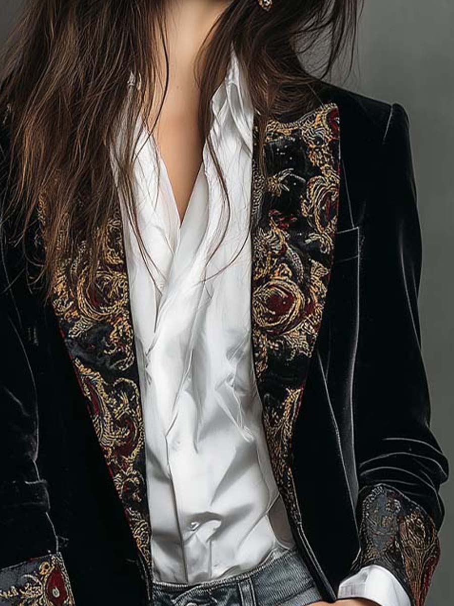 Léontine | Blazer aderente con stampa barocca nera