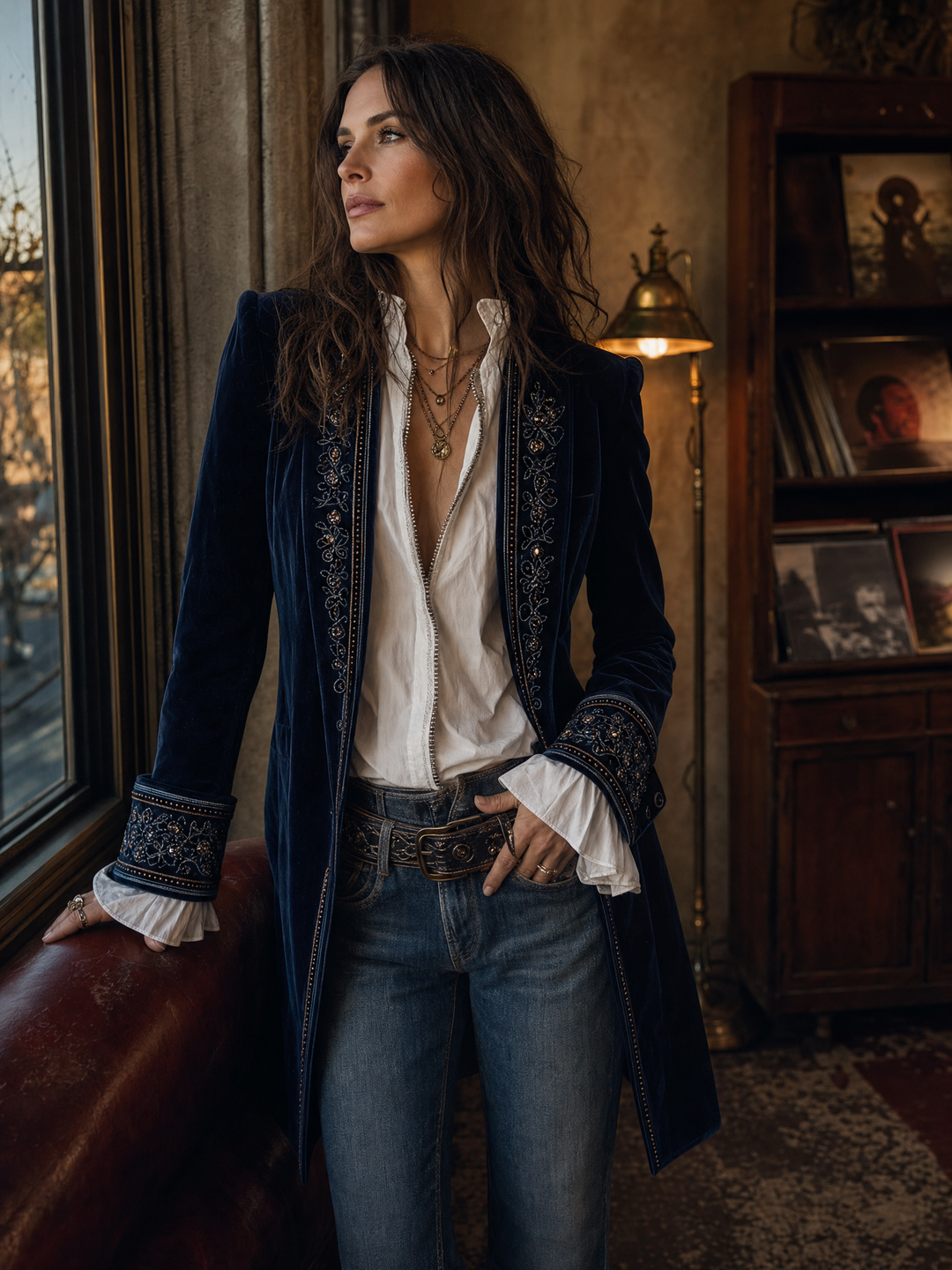 Giacca lunga vintage in velluto di poliestere blu navy ricamata