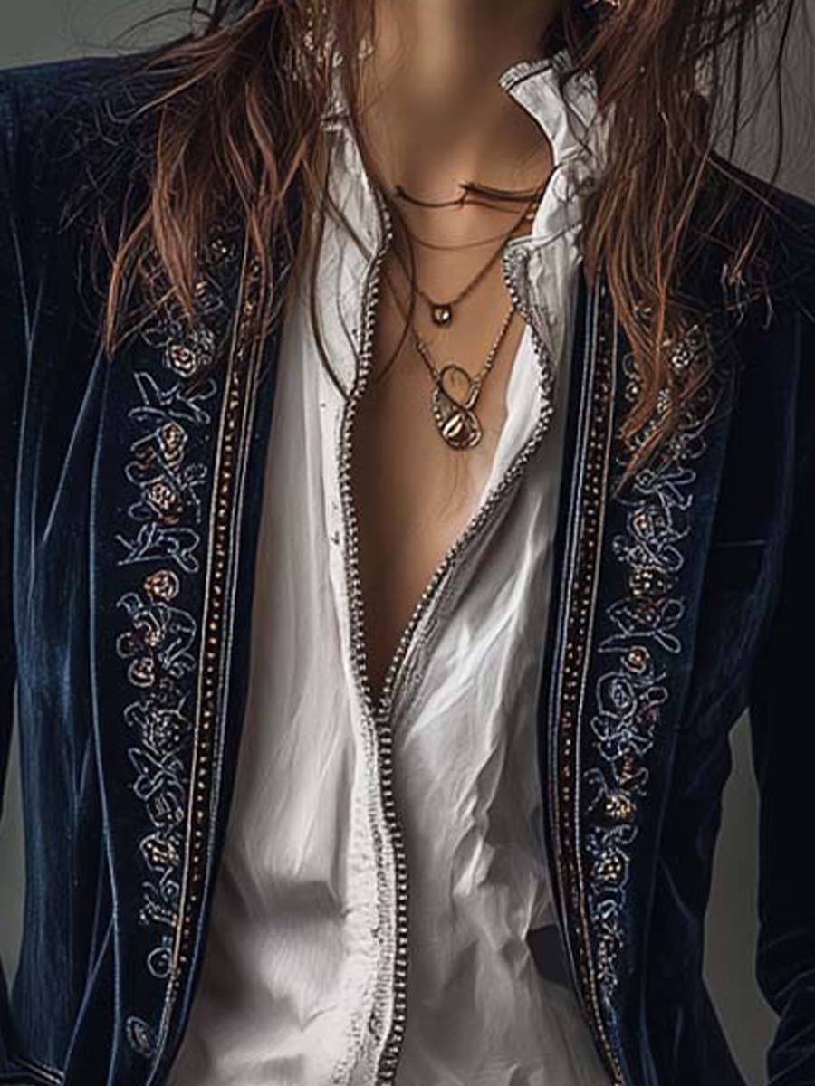 Giacca lunga vintage in velluto di poliestere blu navy ricamata