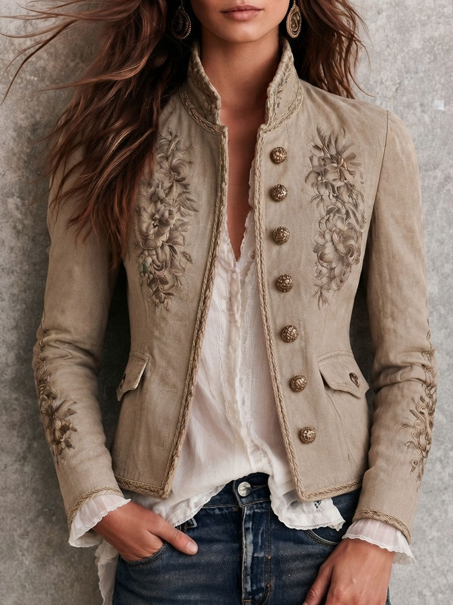Giacca vintage beige con collo rialzato, ricami floreali e profilo intrecciato