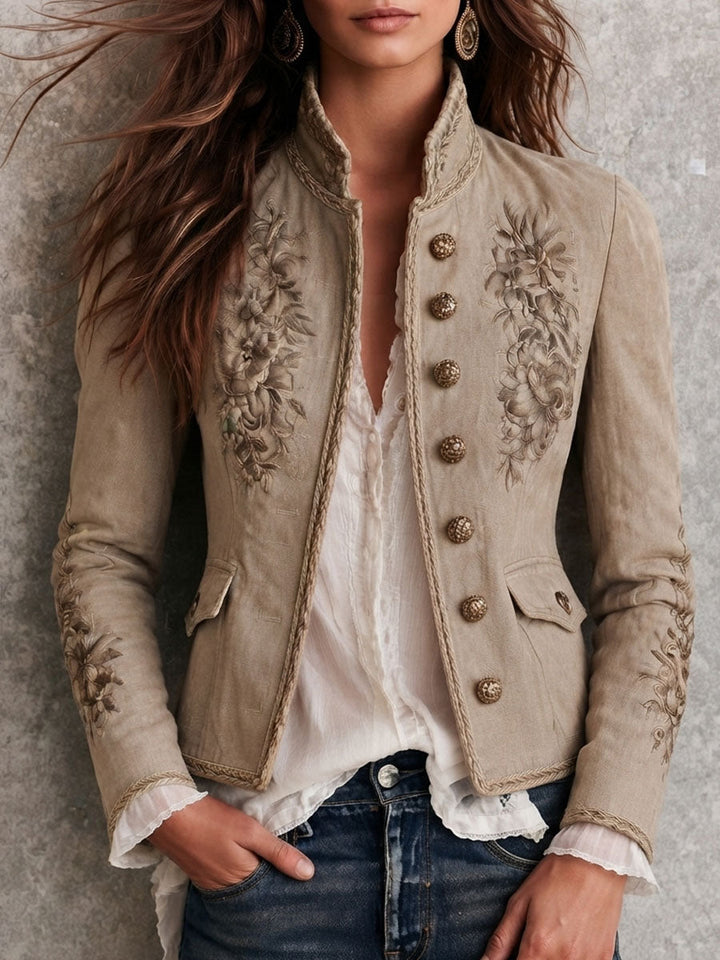 Giacca vintage beige con collo rialzato, ricami floreali e profilo intrecciato