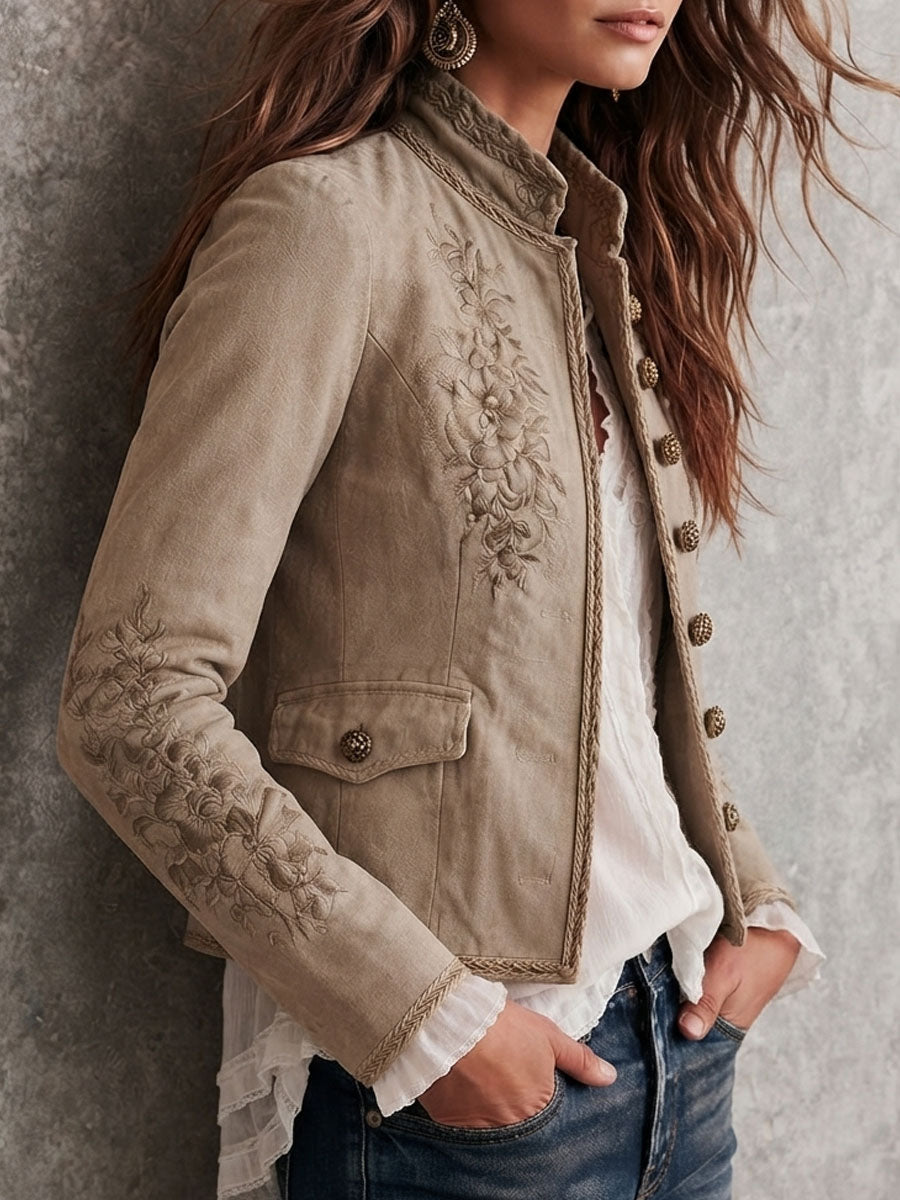 Giacca vintage beige con collo rialzato, ricami floreali e profilo intrecciato