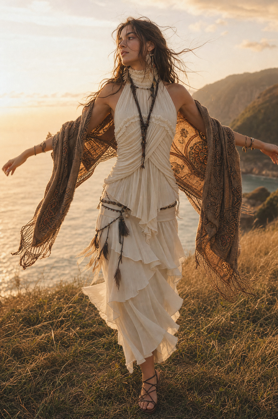 Top boho romantico in chiffon plissettato con collo all’americana