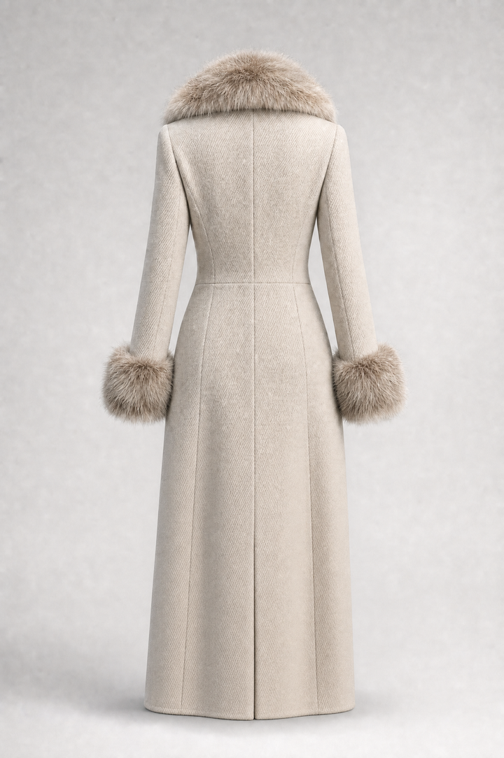 Cappotto doppiopetto in misto lana dal lusso discreto, con collo rifinito in pelliccia e taglio in vita che valorizza la silhouette