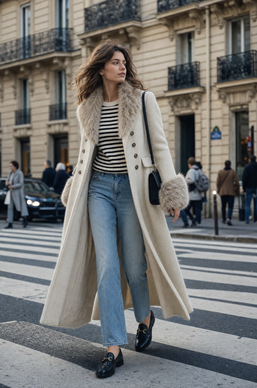 Cappotto doppiopetto in misto lana dal lusso discreto, con collo rifinito in pelliccia e taglio in vita che valorizza la silhouette