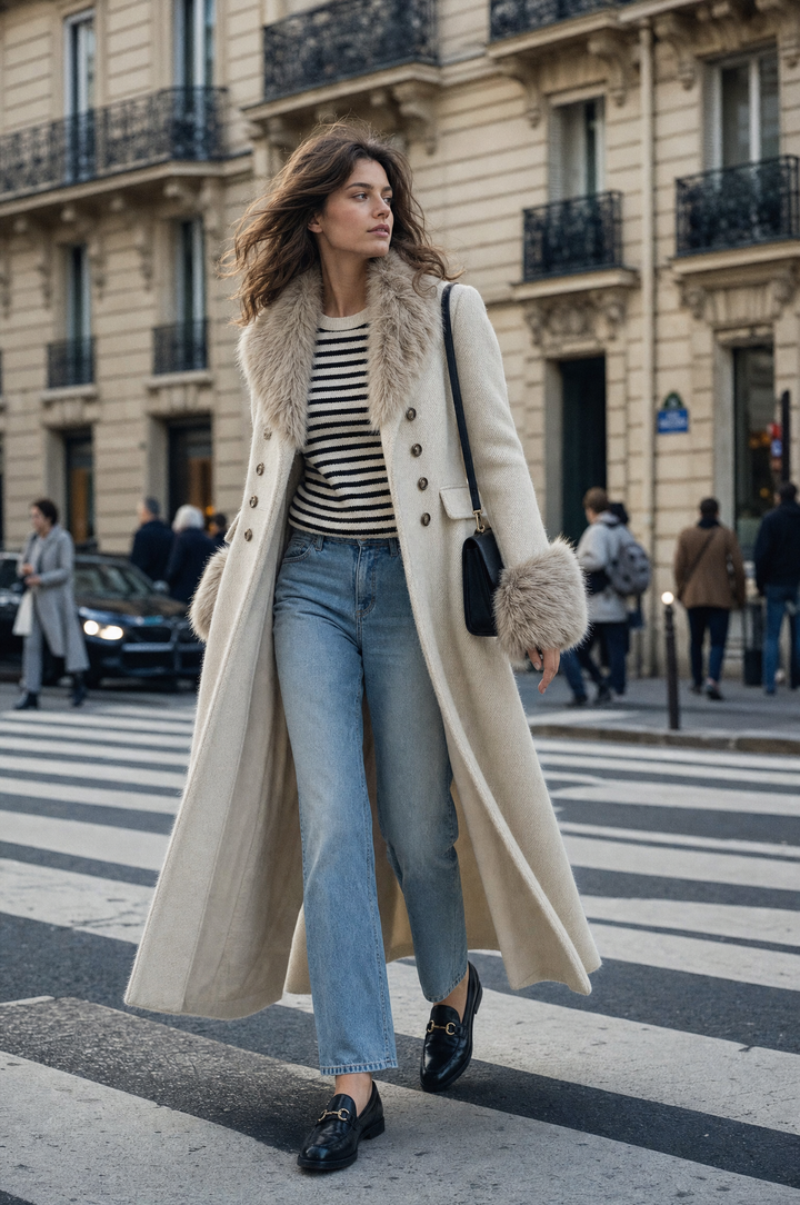Cappotto doppiopetto in misto lana dal lusso discreto, con collo rifinito in pelliccia e taglio in vita che valorizza la silhouette