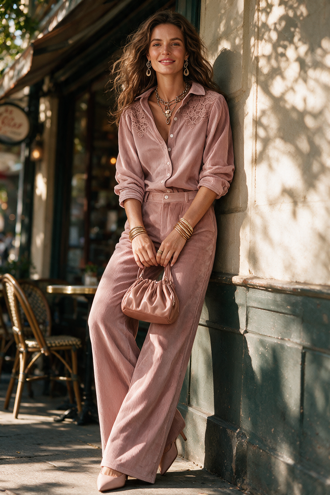 Set boho chic con camicia in velluto a coste con bordi in pizzo e pantaloni a gamba larga