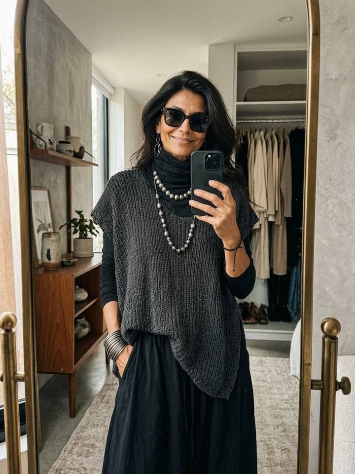 Pullover smanicato da donna in maglia di cotone, casual rétro, con scollo rotondo ZMZ1162H0ZJY