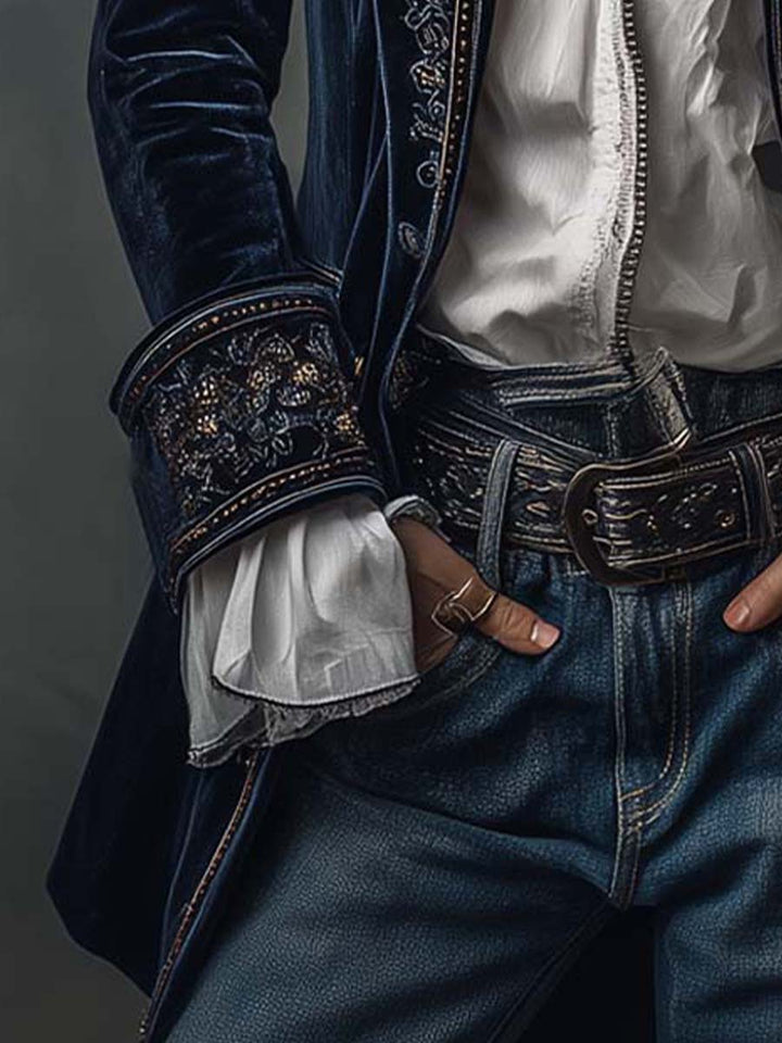 Giacca lunga vintage in velluto di poliestere blu navy ricamata