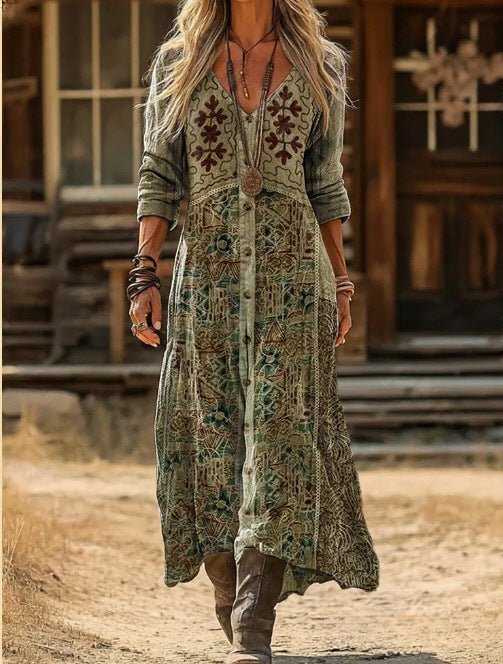 Olivia | Abito maxi vintage con motivo botanico