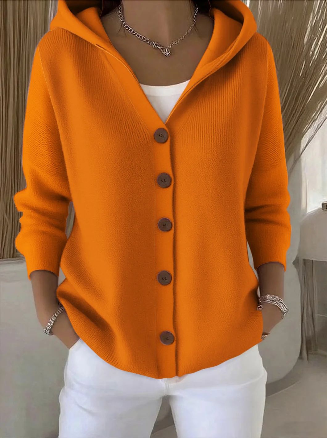 Darienne™ | Cardigan in maglia con cappuccio e chiusura a bottoni