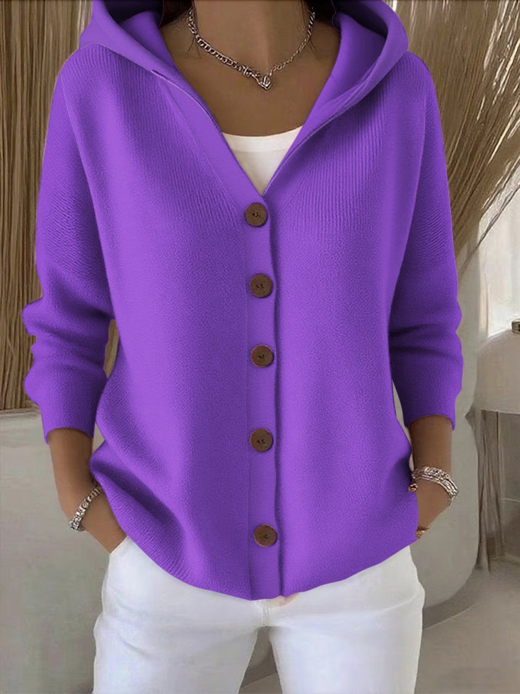 Darienne™ | Cardigan in maglia con cappuccio e chiusura a bottoni