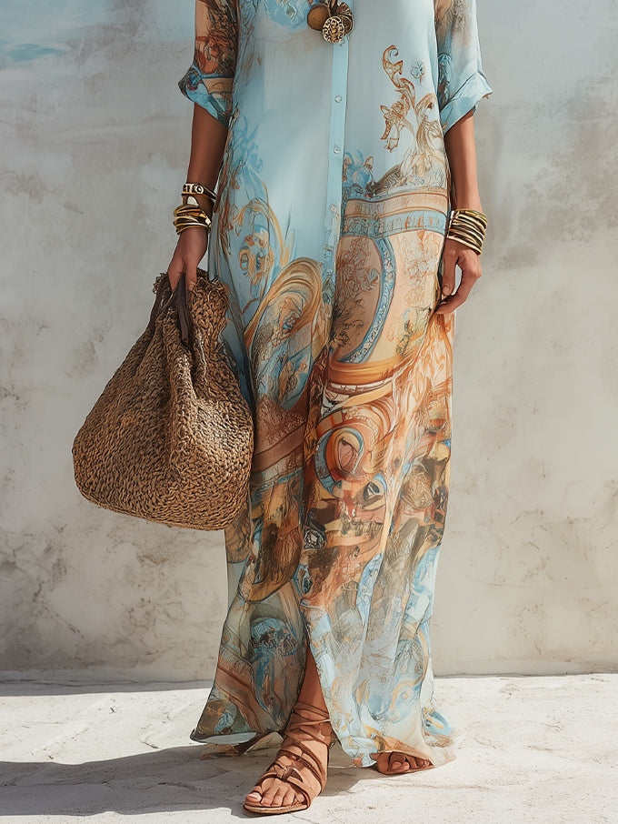 Valeria | Vestito Maxi Blu con Stampa Floreale per le Vacanze