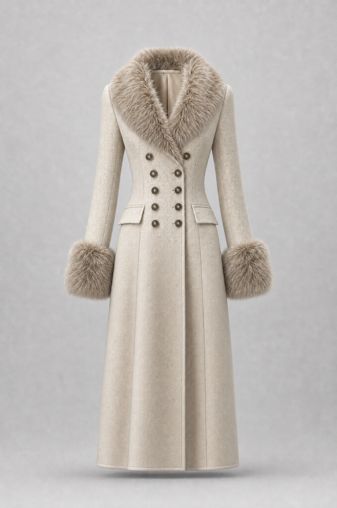 Cappotto doppiopetto in misto lana dal lusso discreto, con collo rifinito in pelliccia e taglio in vita che valorizza la silhouette