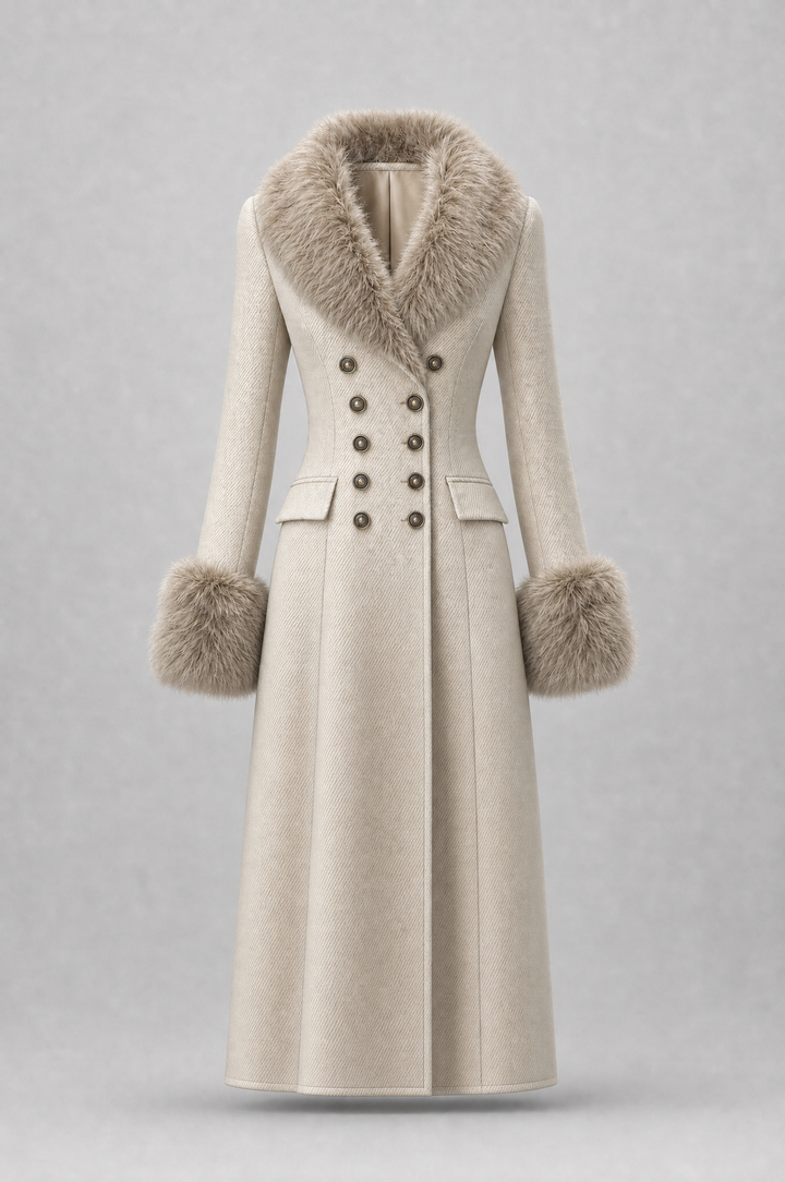 Cappotto doppiopetto in misto lana dal lusso discreto, con collo rifinito in pelliccia e taglio in vita che valorizza la silhouette