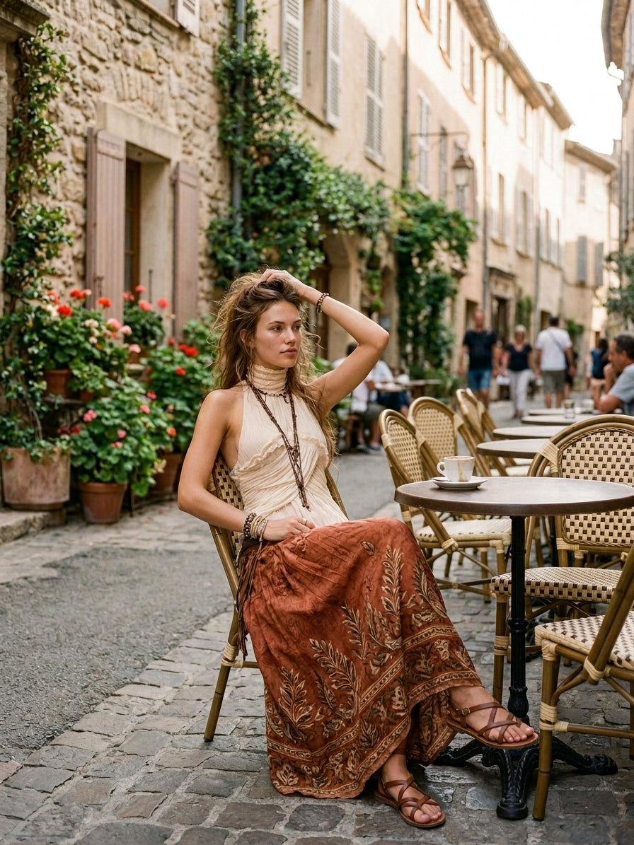 Top boho romantico in chiffon plissettato con collo all’americana