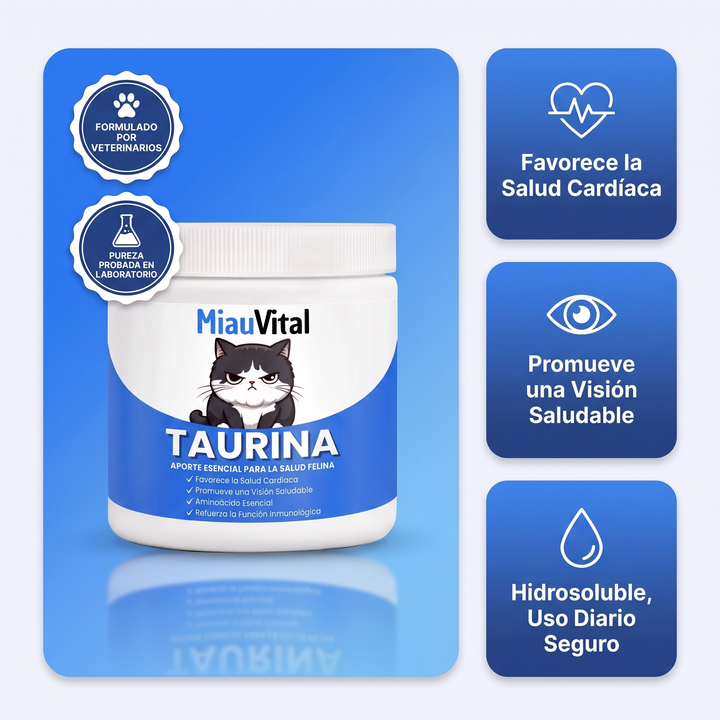 Evita una deficiencia silenciosa antes de que aparezcan los síntomas con el suplemento de taurina MiauVital™