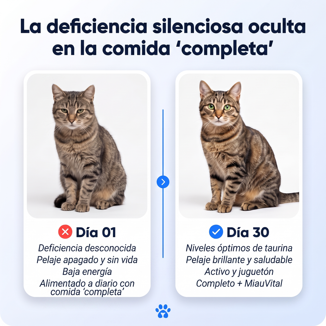Evita una deficiencia silenciosa antes de que aparezcan los síntomas con el suplemento de taurina MiauVital™